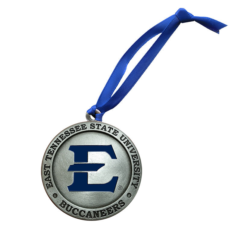 Medal with East Tennessee State University Buccaneers logo on a blue ribbon against a white background