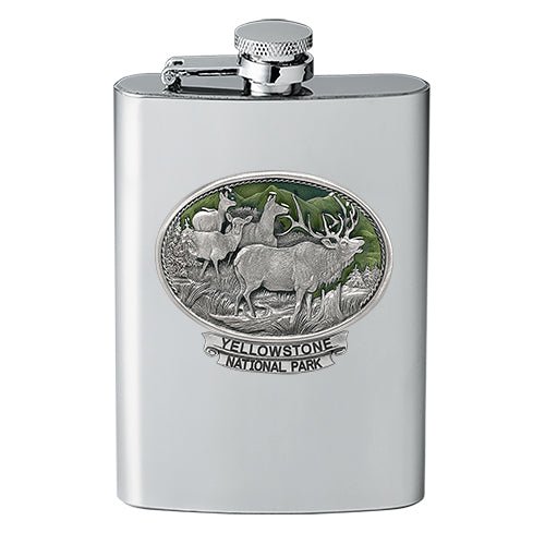 Stainless steel flask with Yellowstone National Park emblem on a white background