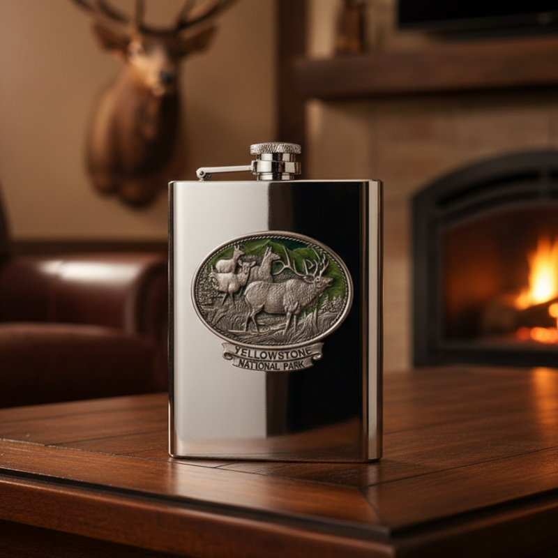 Stainless steel flask with Yellowstone National Park emblem on a white background