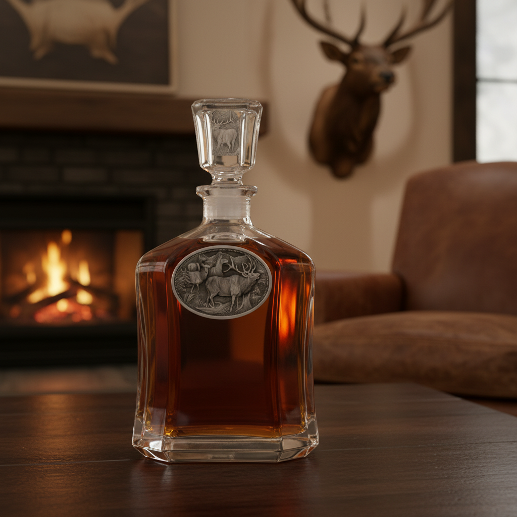 Elk Whiskey Capitol Decanter - 24oz with Fine Pewter Casting - Made in USA