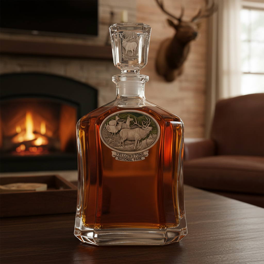 Elk Yellowstone National Park Whiskey Decanter - 24oz with Fine Pewter Casting - Made in USA