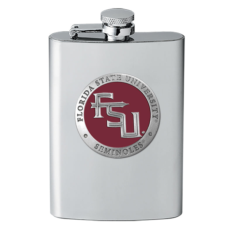Stainless steel flask with Florida State University logo on a white background