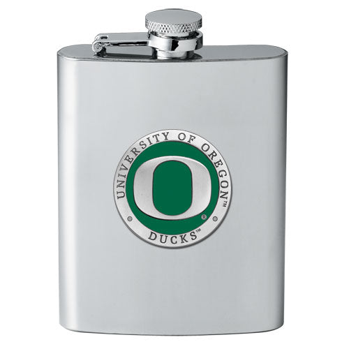 Stainless steel flask with University of Oregon Ducks logo on a white background