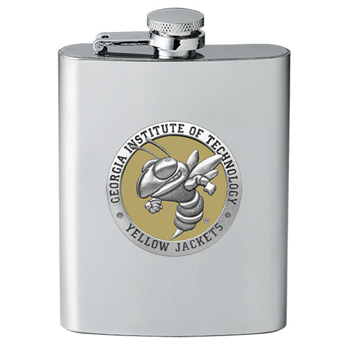 Stainless steel flask with Georgia Institute of Technology Yellow Jackets emblem on a white background