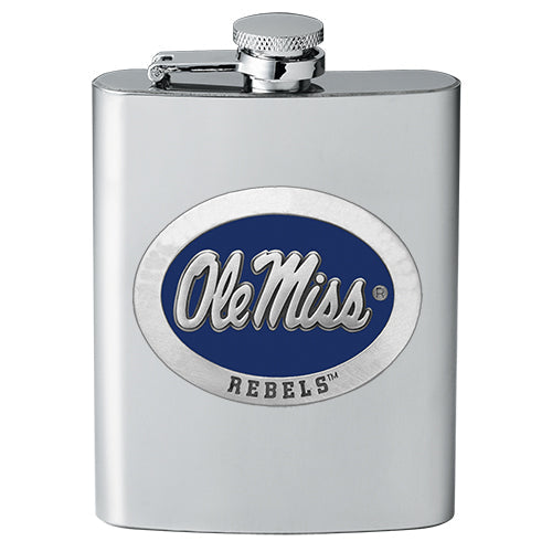 Stainless steel flask with Ole Miss Rebels logo on a white background