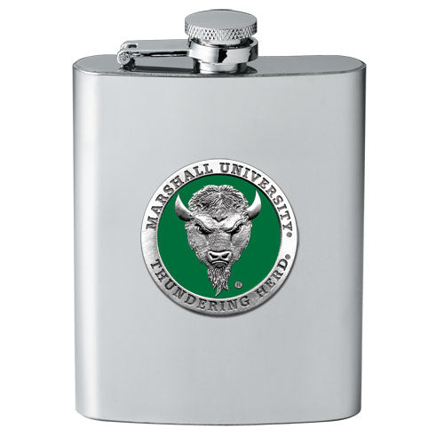 Stainless steel flask with Marshall University logo on a white background