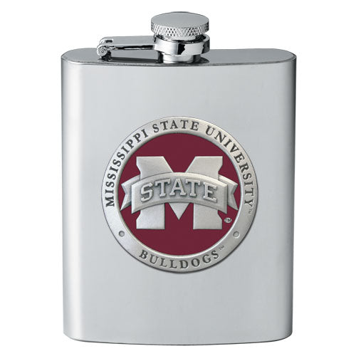 Stainless steel flask with Mississippi State University logo on a white background