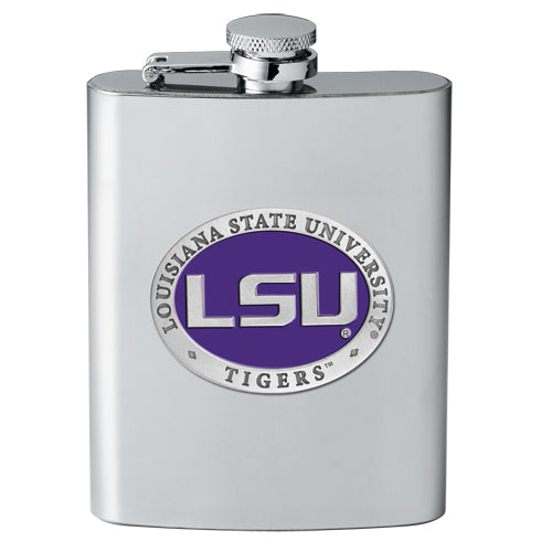 Stainless steel flask with LSU Tigers logo on a white background