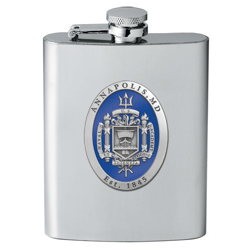 Stainless steel flask with Annapolis, MD emblem on a white background