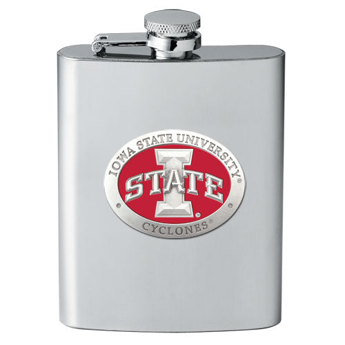 Stainless steel flask with Iowa State Cyclones logo on a white background
