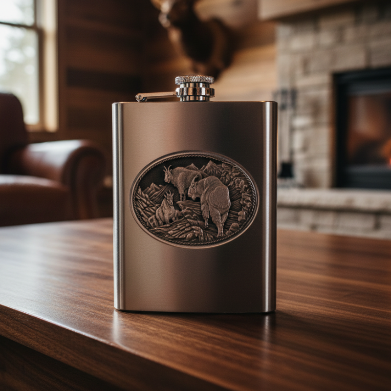 Mountain Goat 8oz Stainless Steel Flask - Fine Pewter Alpine Casting - Made in USA
