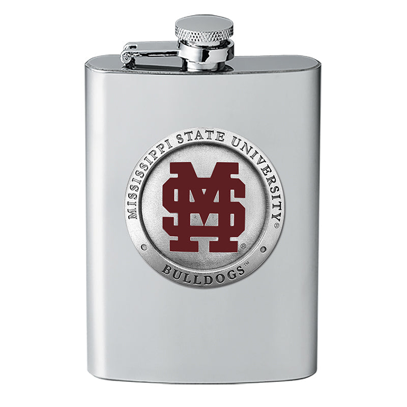 Stainless steel flask with Mississippi State University logo on a white background