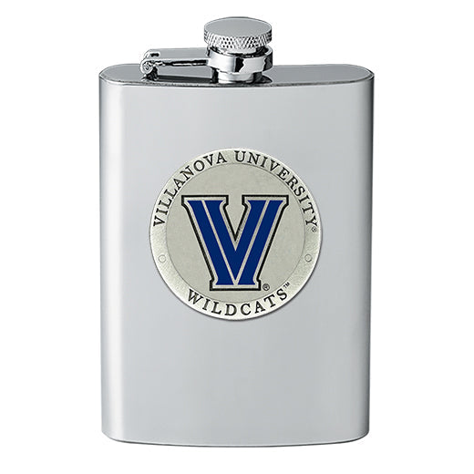 Stainless steel flask with Villanova University Wildcats logo on a white background