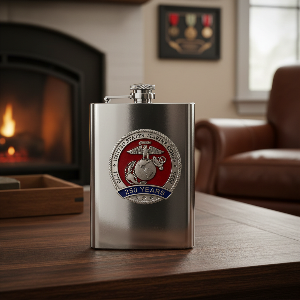 Stainless steel flask with U.S. Marine Corps emblem on a white background