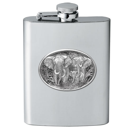 Elephant 8oz Stainless Steel Flask - Fine Pewter Wildlife Casting - Made in USA