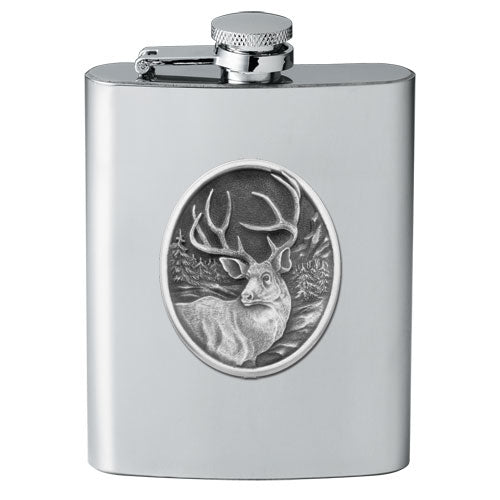Mule Deer 8oz Stainless Steel Flask - Fine Pewter Wildlife Casting - Made in USA