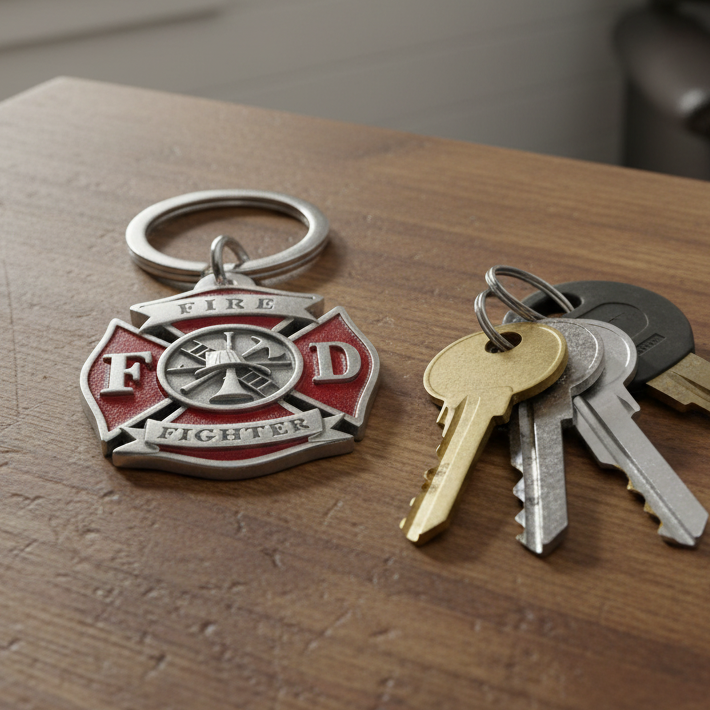 Firefighter keychain with keys on a wooden surface