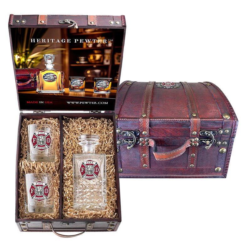 Firefighter Heritage Decanter Set with 2 Rocks Glasses & Wooden Chest Box