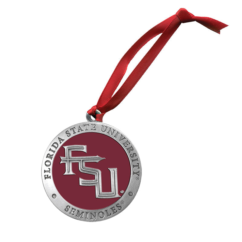 Florida State University ornament with red ribbon on a white background