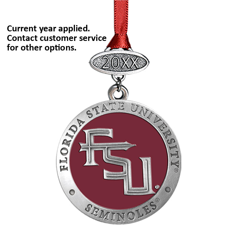 Florida State University ornament with red ribbon on a white background