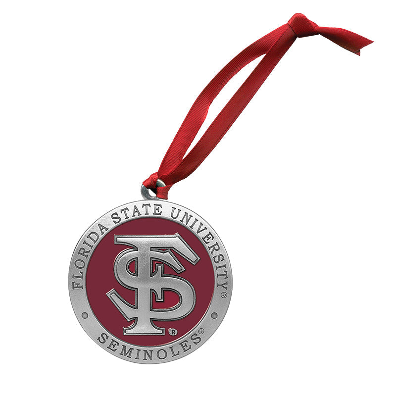 Florida State University Seminoles ornament with red ribbon on a white background