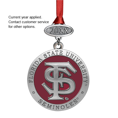 Florida State University Seminoles ornament with red ribbon on a white background