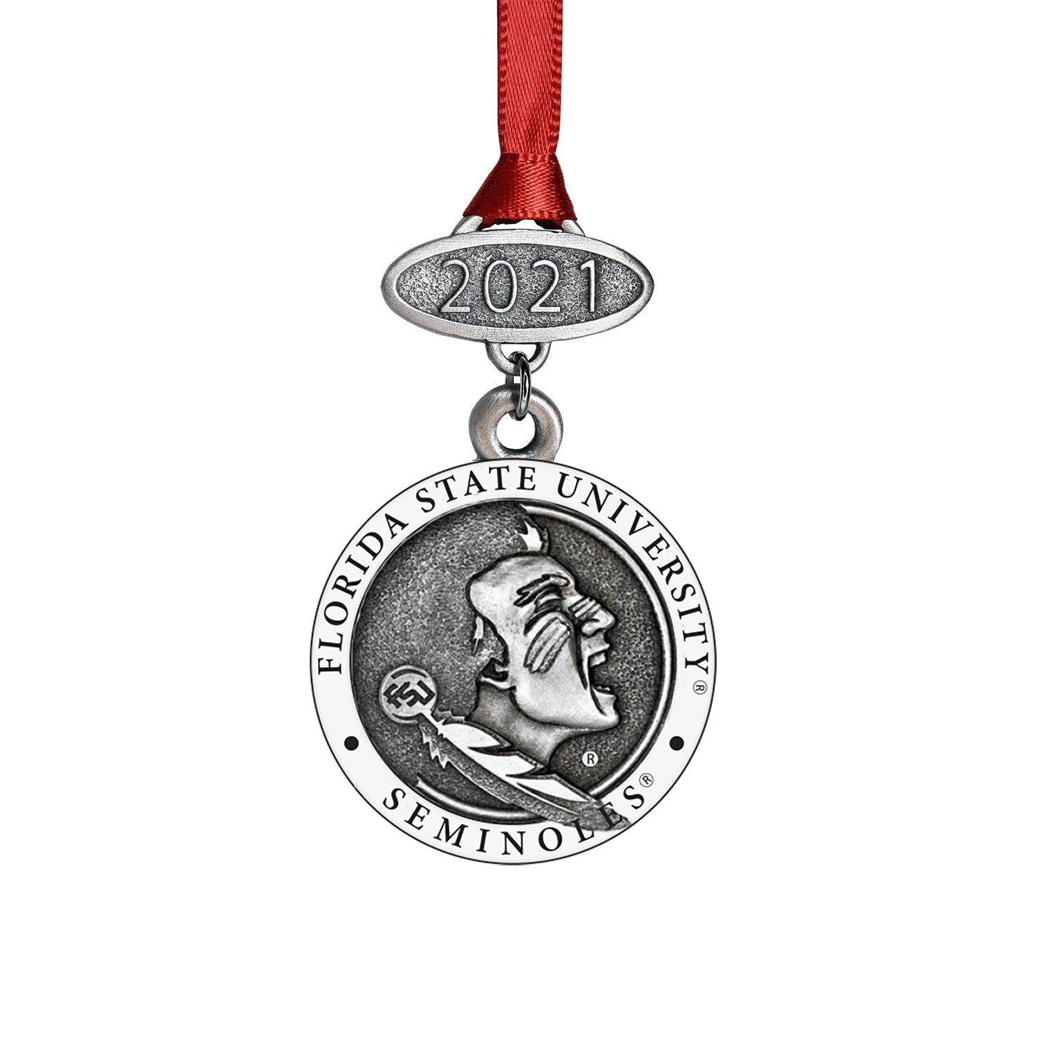 Florida State University ornament with '2021' on a red ribbon against a white background