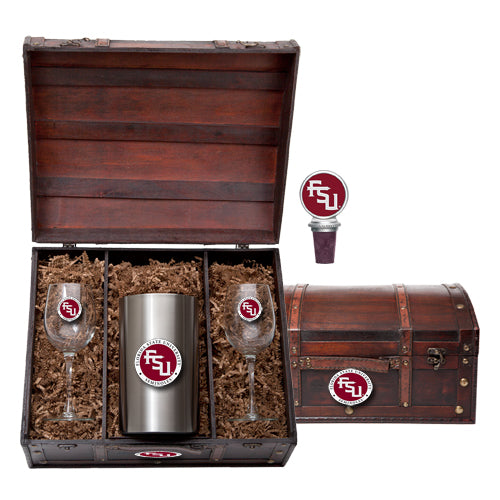 FSU-themed wine glasses, tumbler, and bottle stopper set in a wooden chest.