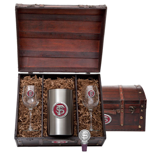 Gift set with two wine glasses and a tumbler in a wooden box, featuring a logo.