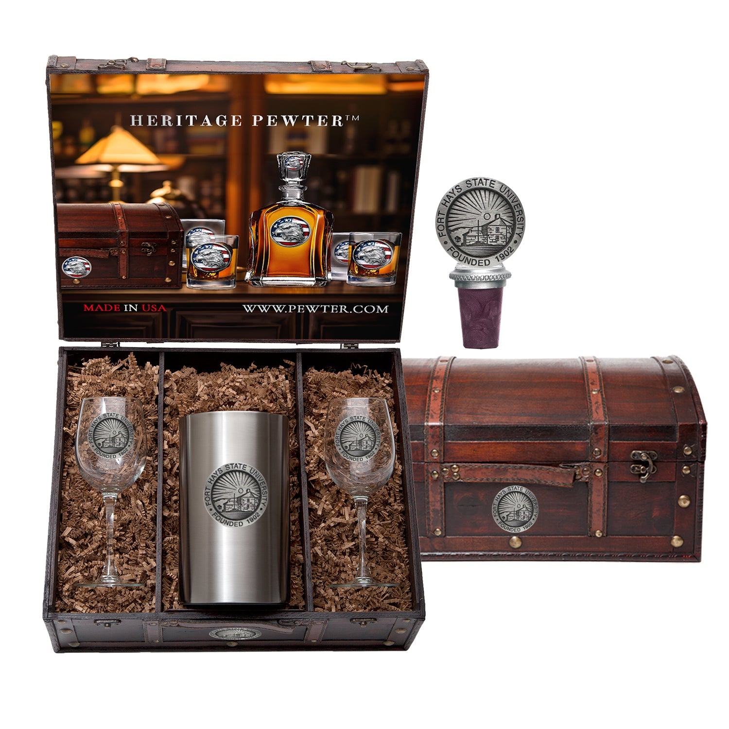 Whiskey gift set with decanter, glasses, and bottle stopper in a wooden chest.
