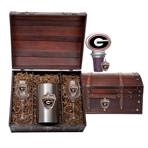 Gift set with wine glasses, tumbler, and bottle stopper in a wooden chest.