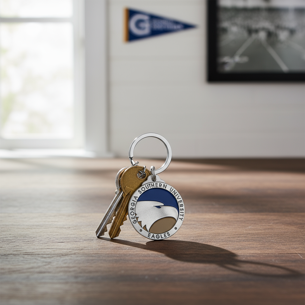 Two sides of a keychain with Georgia Southern University logo and 'One More Time' text.
