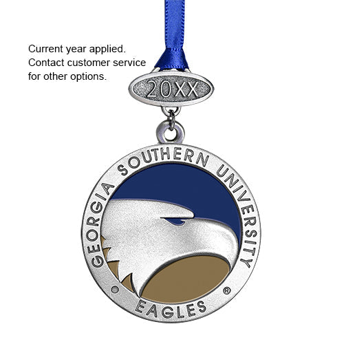Georgia Southern University Eagles ornament with blue ribbon on a white background