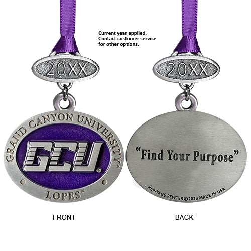 Medal with Grand Canyon University logo and 'Find Your Purpose' message on a white background