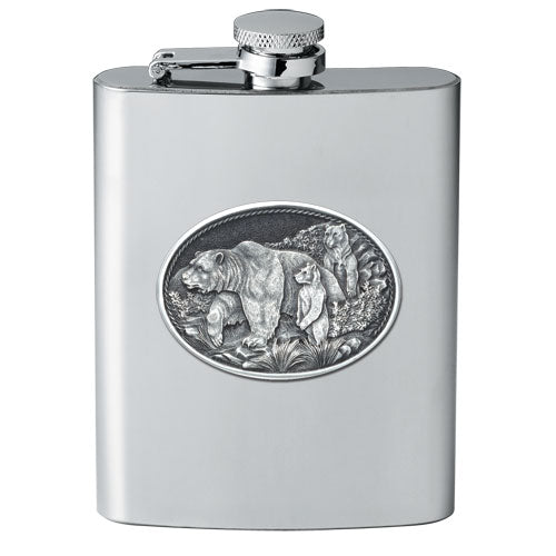 Grizzly Bear 8oz Stainless Steel Flask - Fine Pewter Wildlife Casting - Made in USA
