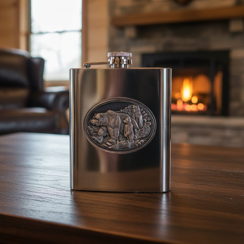 Grizzly Bear 8oz Stainless Steel Flask - Fine Pewter Wildlife Casting - Made in USA