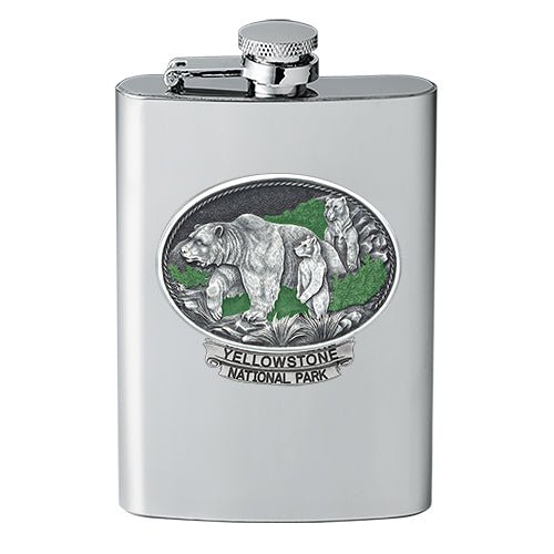 Grizzly Bear Yellowstone National Park 8oz Stainless Steel Flask - Fine Pewter Wildlife Casting - Made in USA
