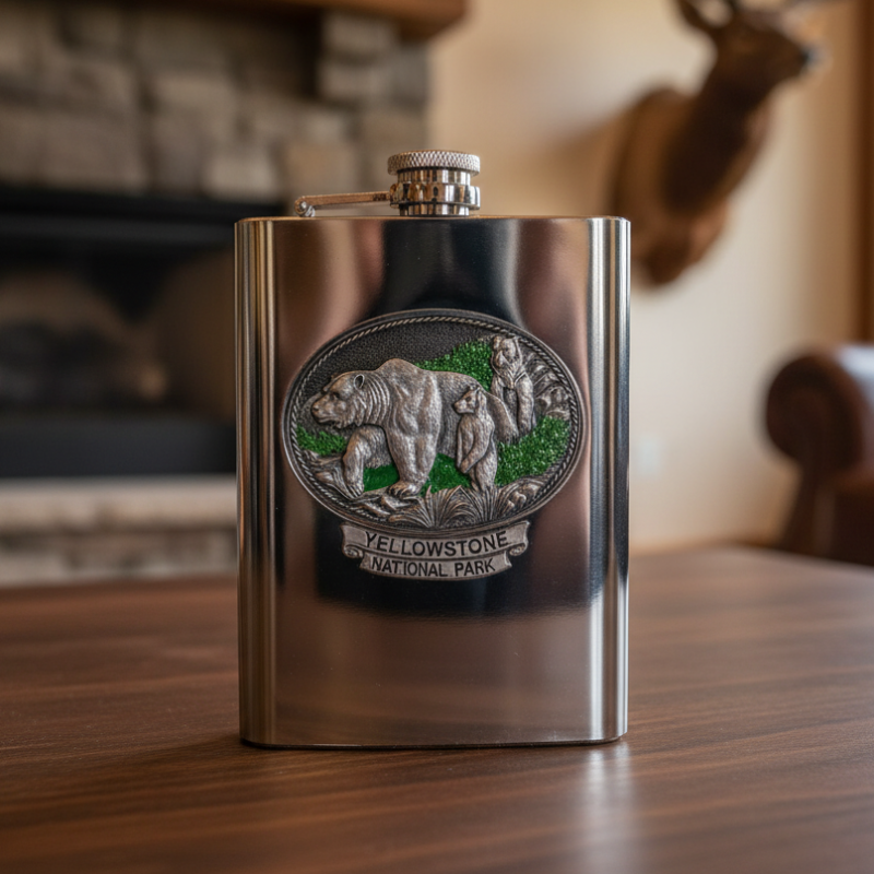 Stainless steel flask with Yellowstone National Park emblem on a wooden surface