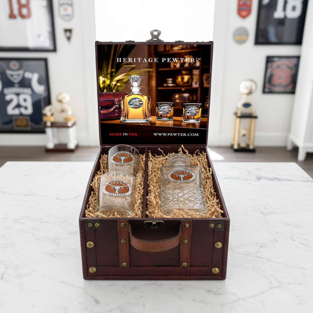 University of Texas at Austin Heritage Decanter and 2 Glasses with Chest Box