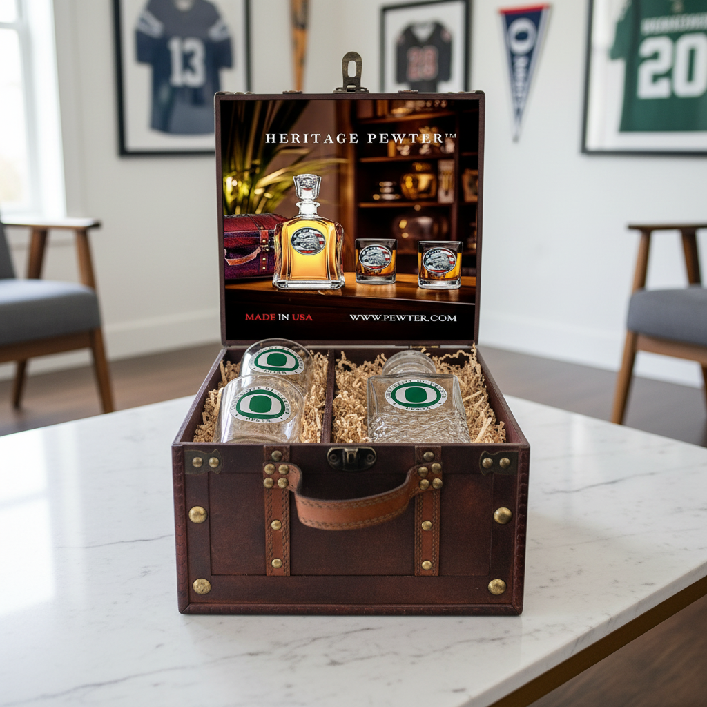 University of Oregon Heritage Decanter and 2 Glasses with Chest Box