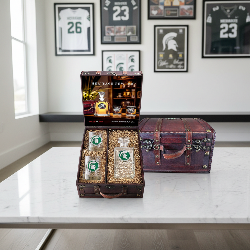 Michigan State University Heritage Decanter and 2 Glasses with Chest Box