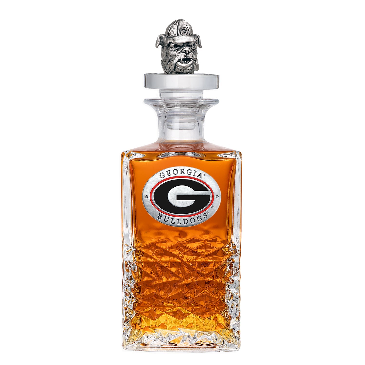 Glass decanter with Georgia Bulldogs logo and bulldog figurine on a white background
