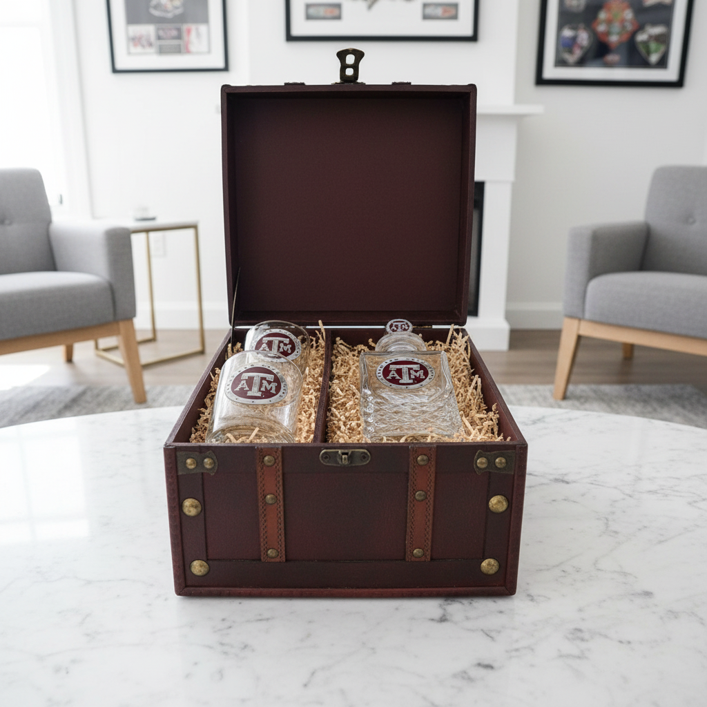 Texas A&M University Heritage Decanter with 3D Top and 2 Glasses with Chest Box