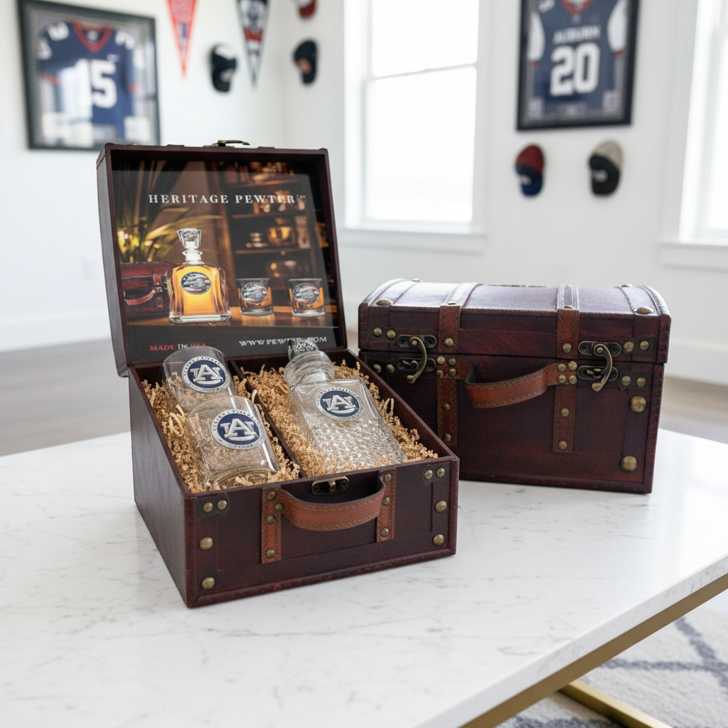 Auburn University Heritage Decanter with 3D Top Tiger and 2 Glasses with Chest Box