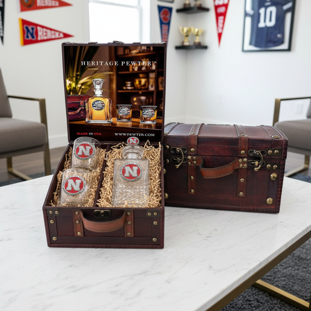 University of Nebraska Heritage Decanter with 3D Top and 2 Glasses with Chest Box