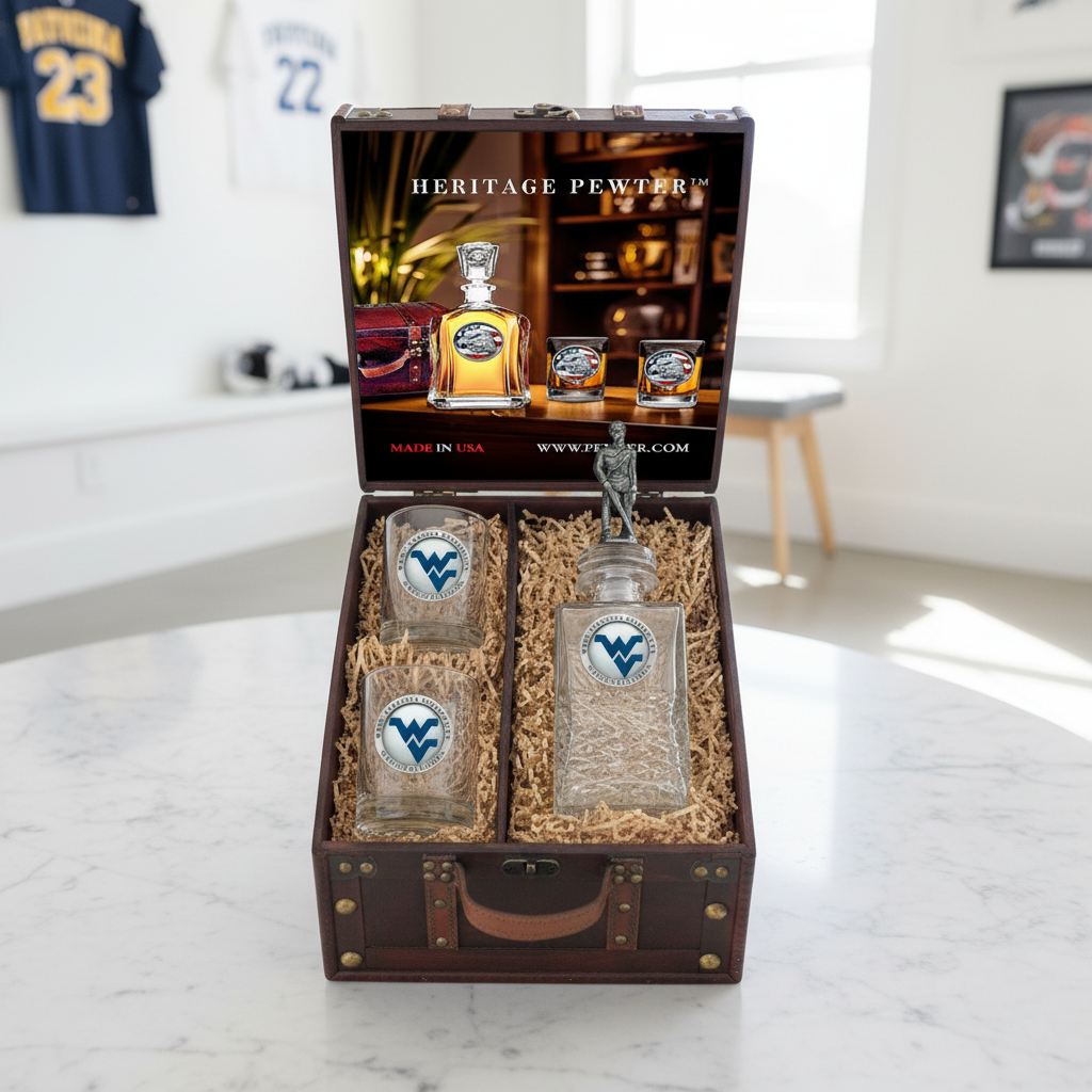 West Virginia University Heritage Decanter with 3D Top Mountaineer and 2 Glasses with Chest Box