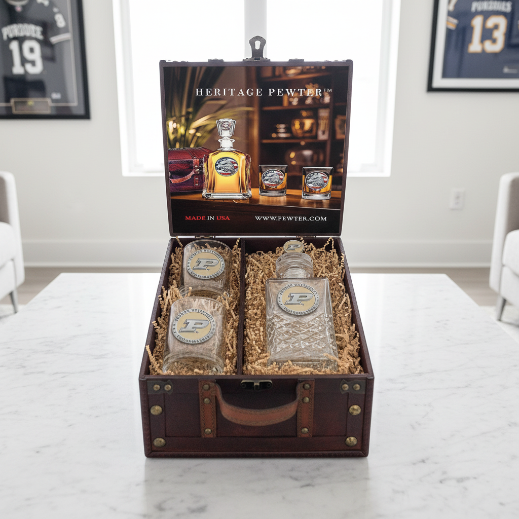 Purdue University Heritage Decanter with 3D Top and 2 Glasses with Chest Box