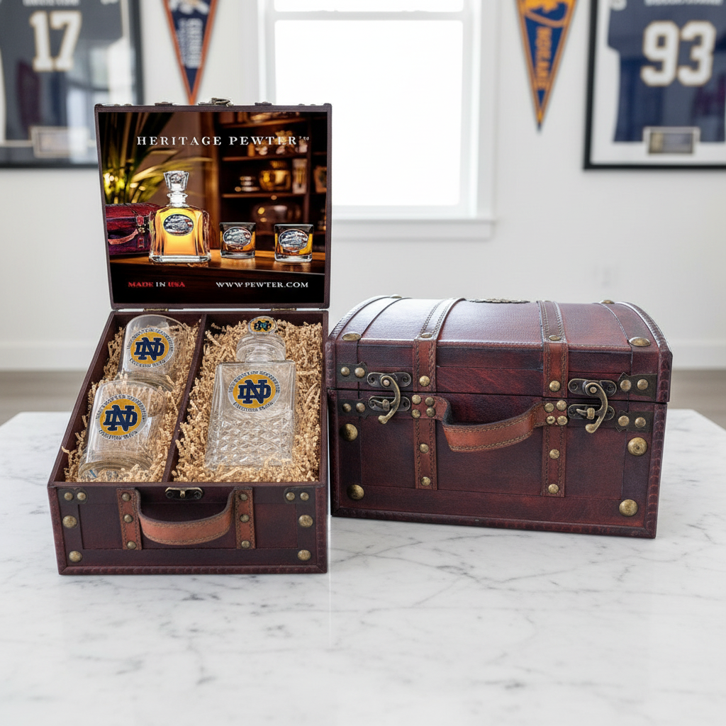 University of Notre Dame Heritage Decanter with 3D Top and 2 Glasses with Chest Box