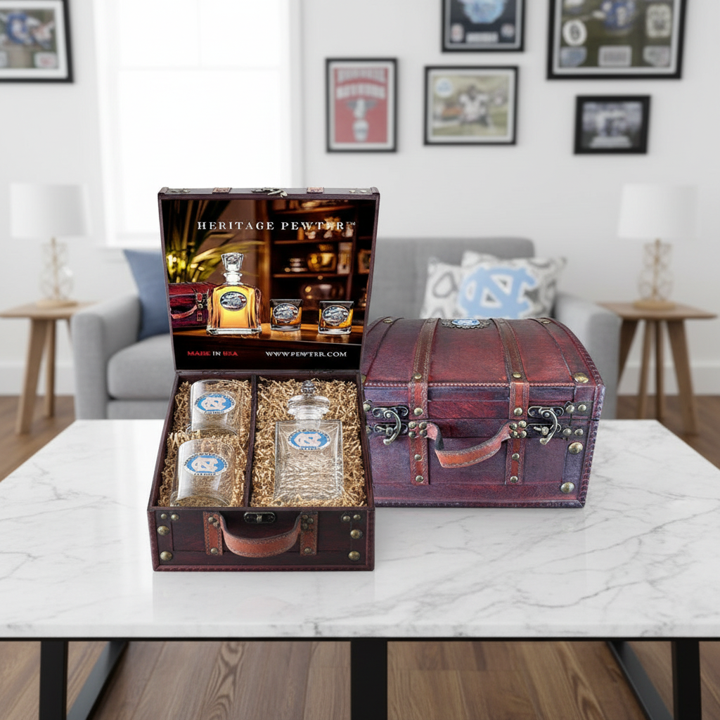 University of North Carolina Heritage Decanter with 3D Top Ram Bighorn and 2 Glasses with Chest Box