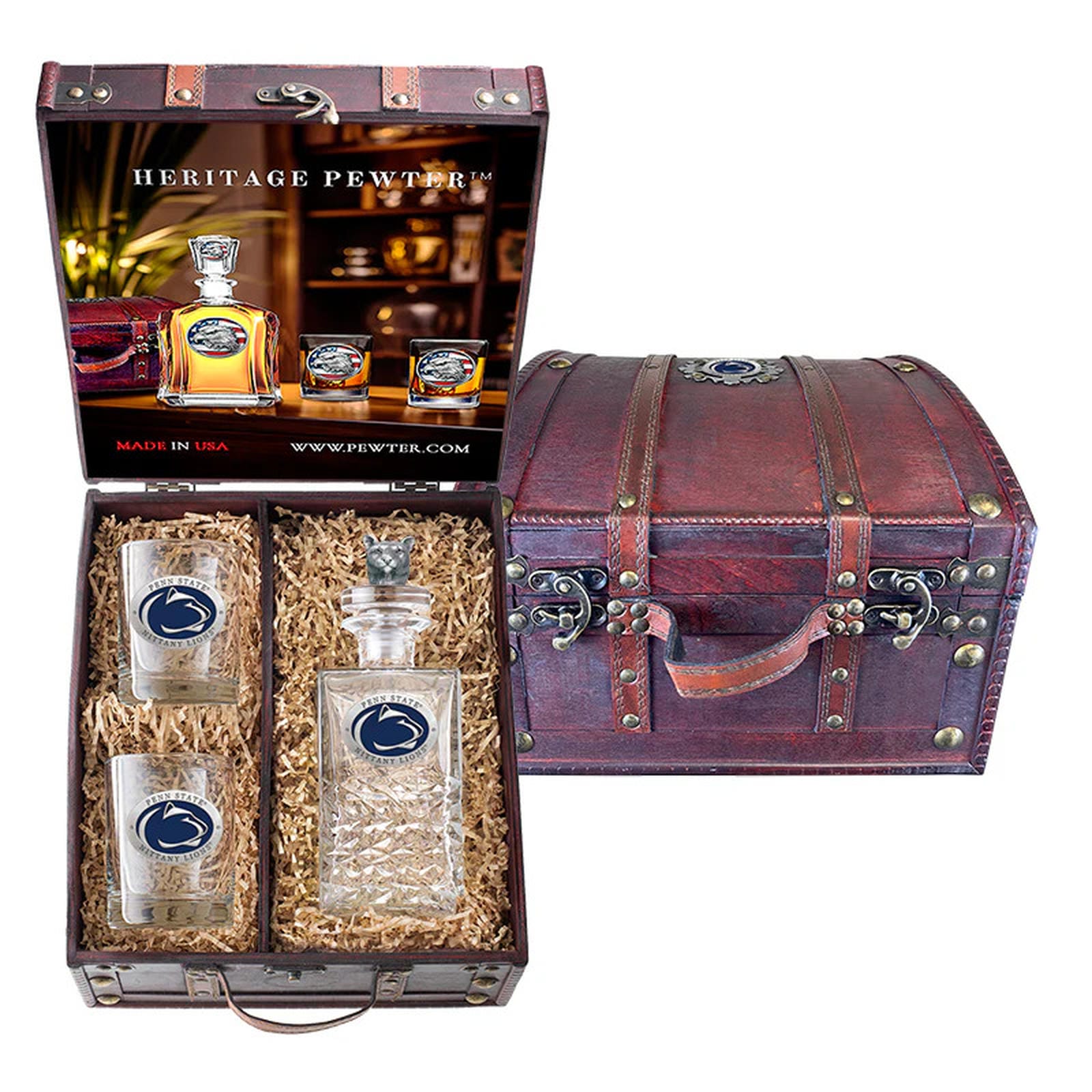 Heritage Pewter decanter set with glasses in a decorative box